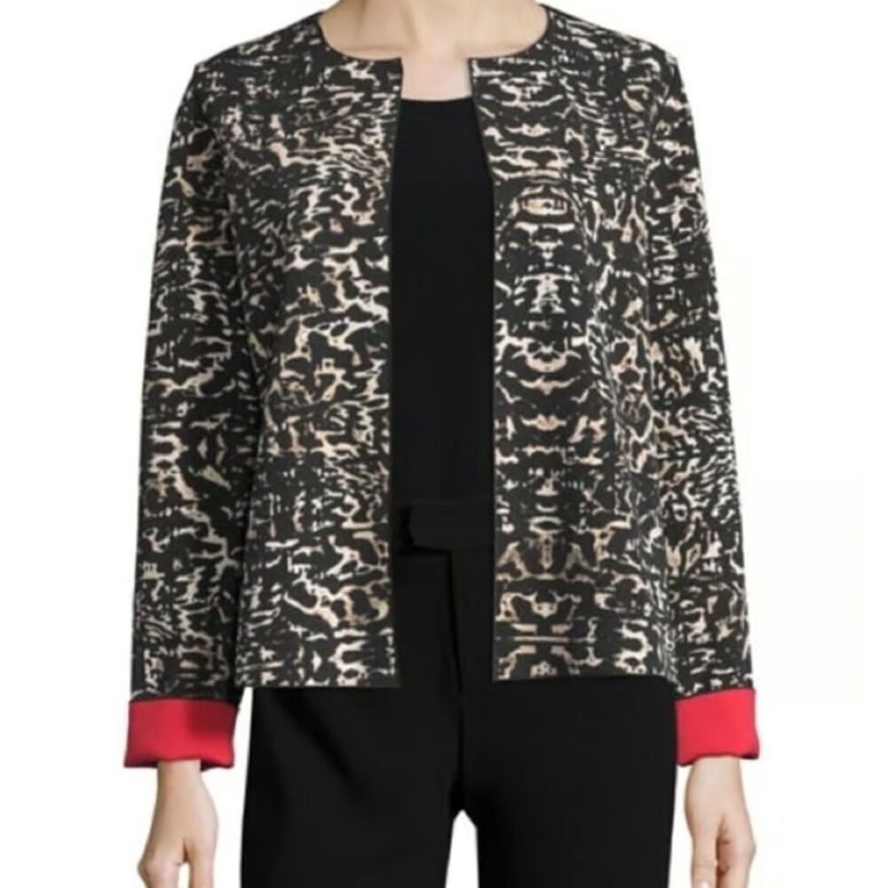 Lafayette 148 Black Leopard Print w/Red Lining Band Collar Blazer Jacket size 6